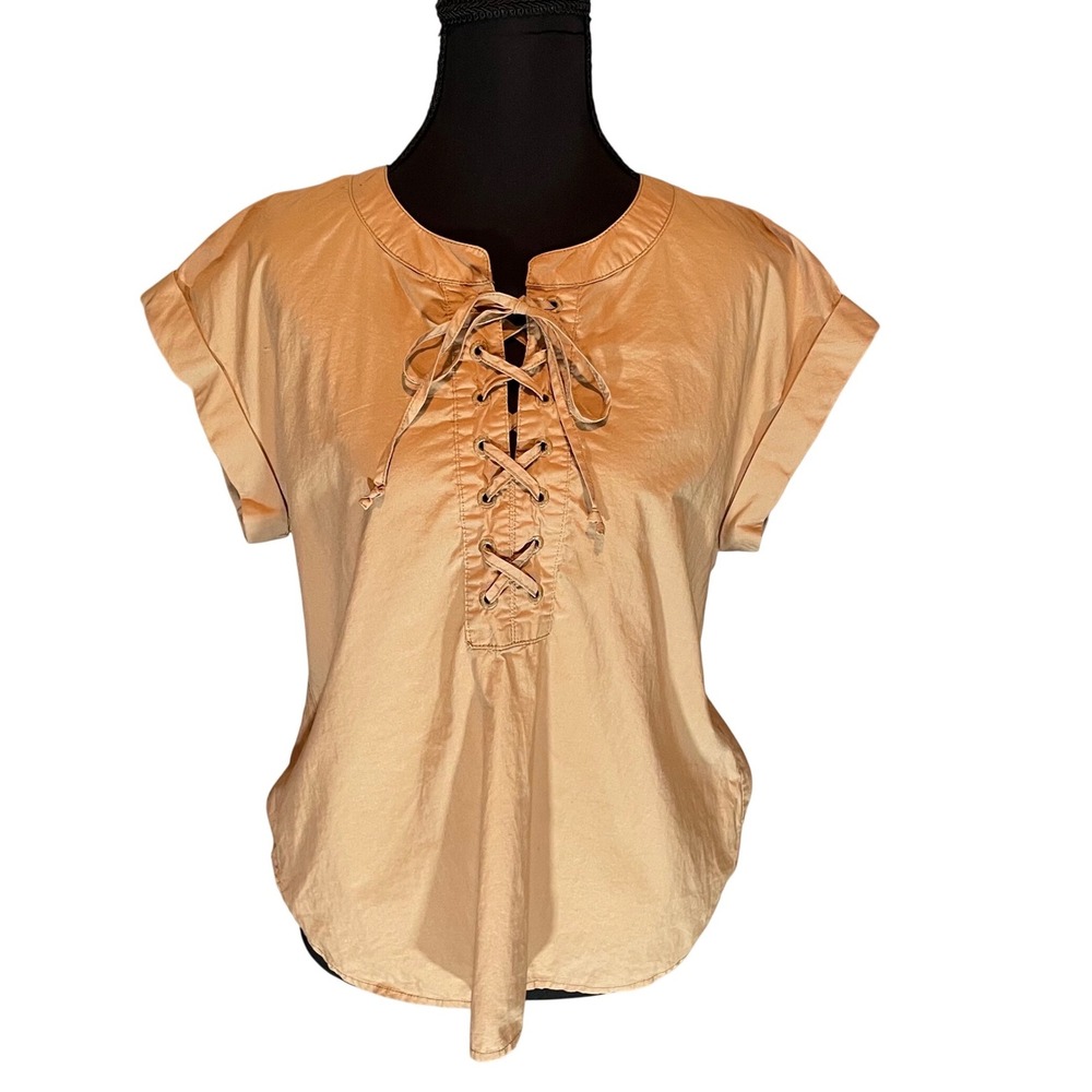 Women's‎ 6P Tan Cotton Lace Up Front Poplin Blouse Short Sleeve Utility Top Y2K